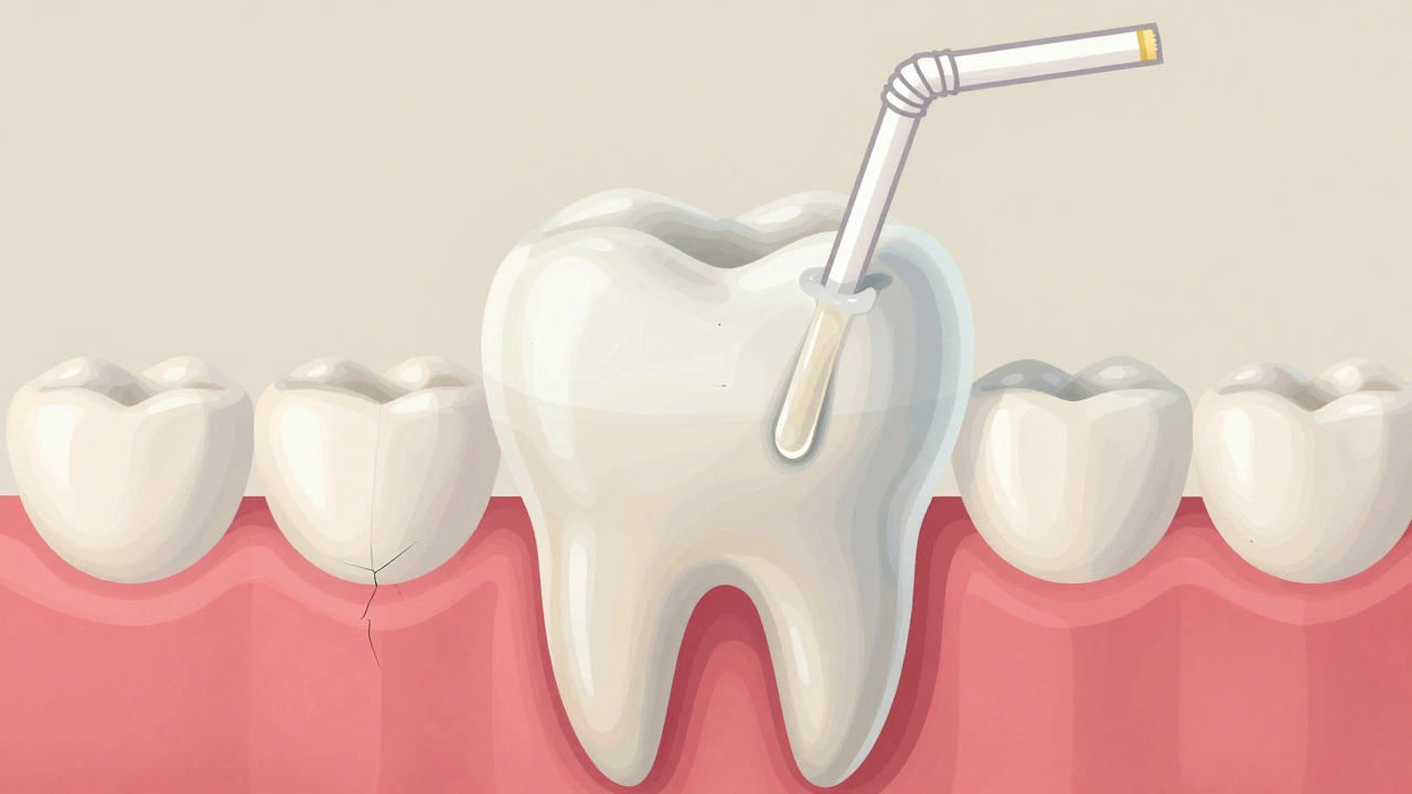Průhledný zub s tenkou sklovinou a kyselými nápoji, které jej poškozují.