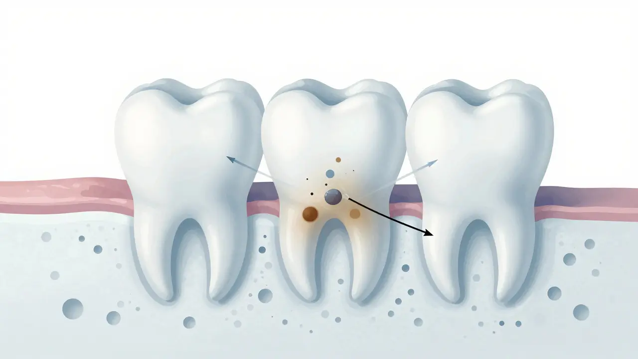 Průřez zubu ukazující, jak bělící látka proniká do skloviny.