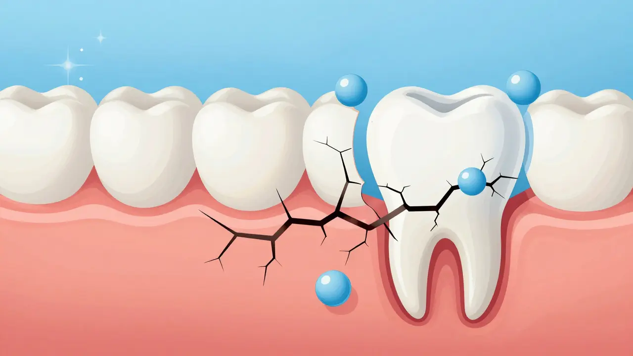 Průřez zubu ukazující poškození skloviny působením bělících látek