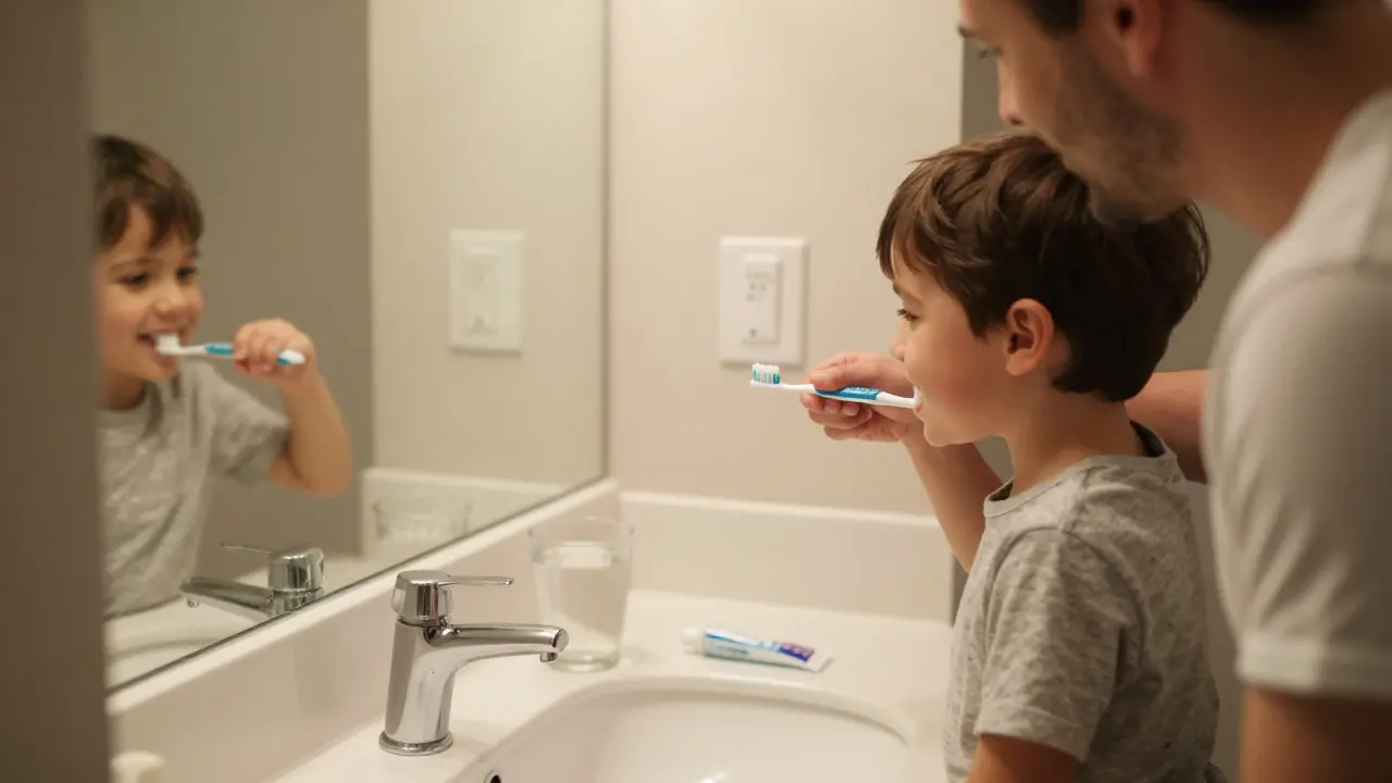 Rodič a dítě společně čistí zuby ve sprše, Mickey Mouse štěteček.