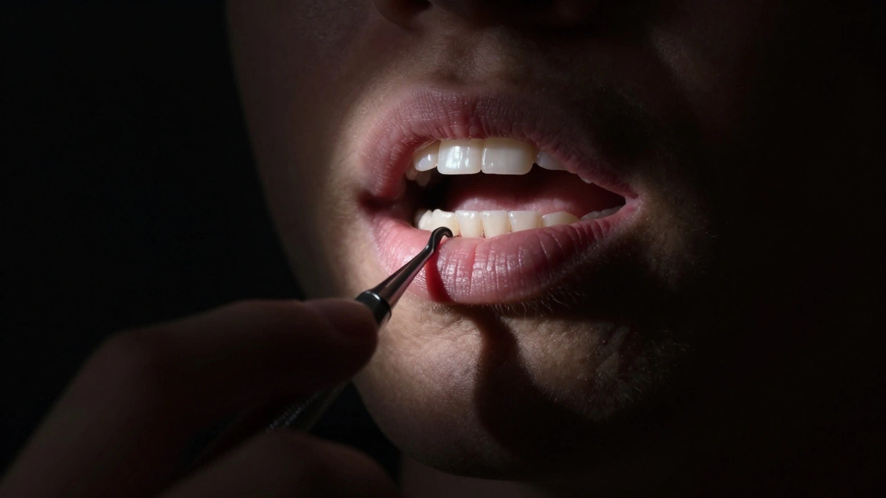 Ruce s zubním nástrojem odstraňující podklad pod dásní.