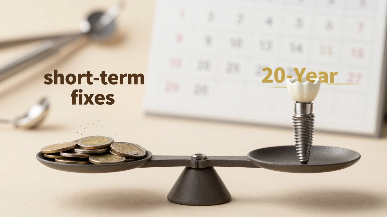 Scale balancing short-term dental repairs against long-term implant investment.