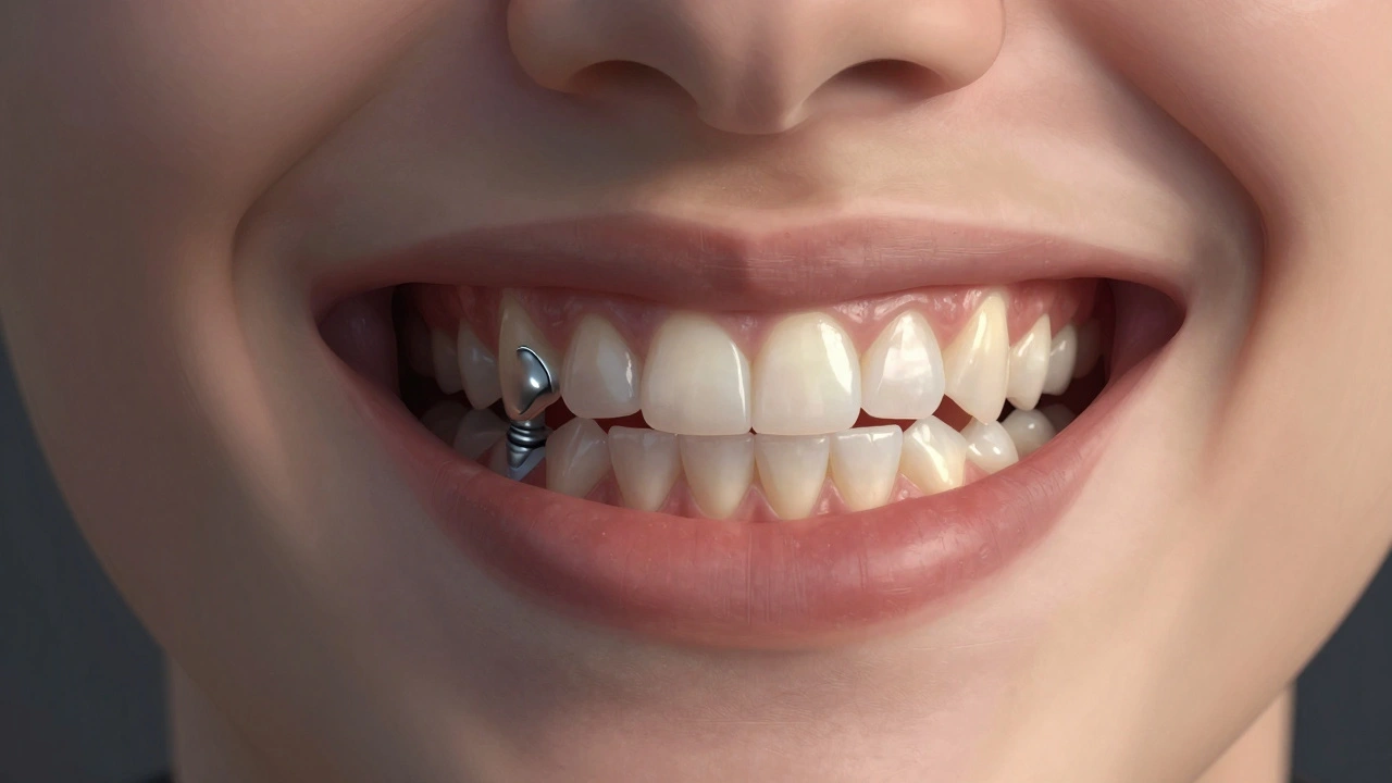 Side-by-side comparison of damaged teeth and restored smile with metaloceramic crowns.