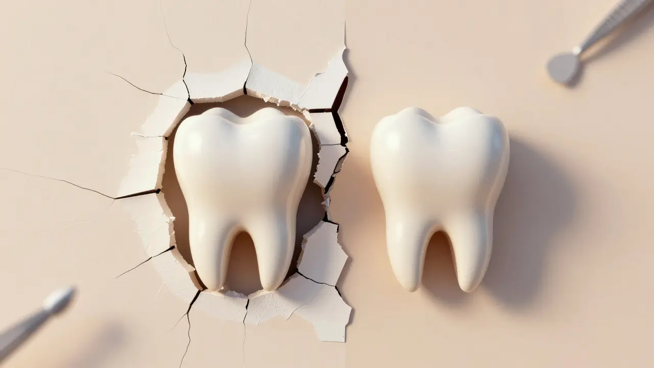 Split image of a wall repair and tooth filling, symbolizing dental care.