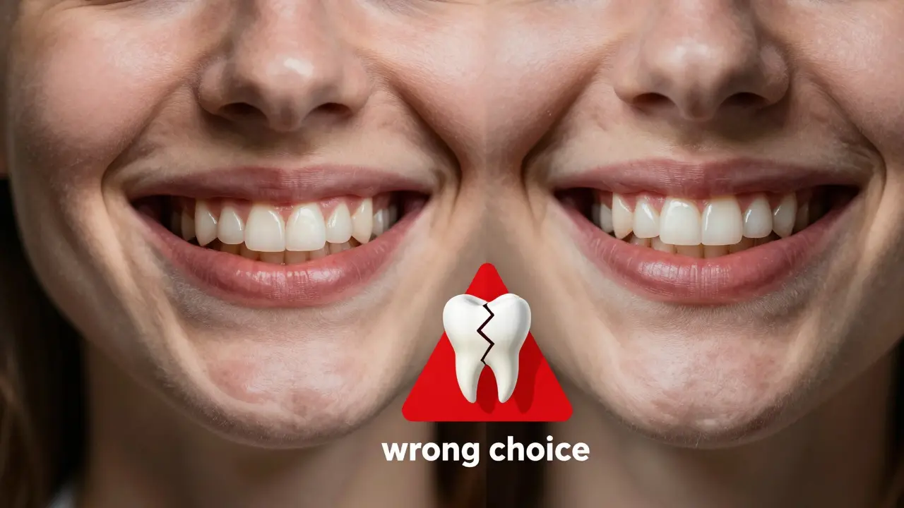 Srovnání: zdravý zub s fazetou vs. poškozený zub s nesprávně umístěnou korunkou.