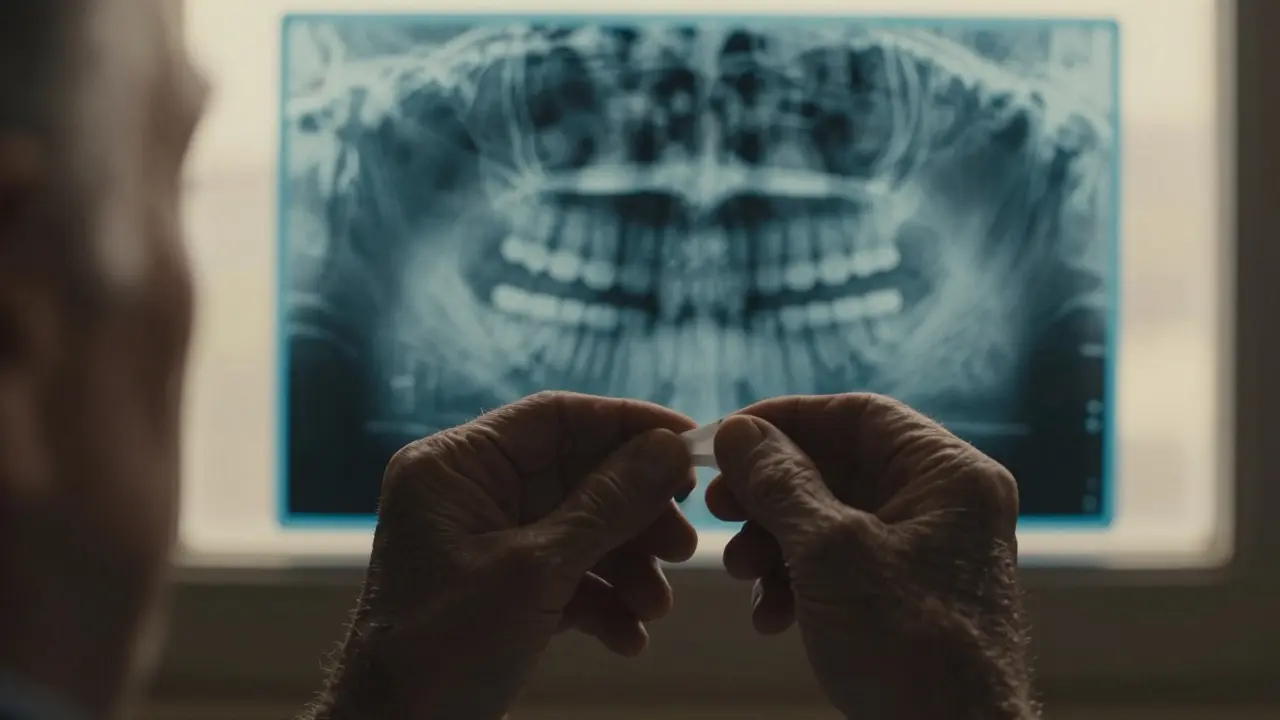 Starý člověk drží volný zub, na pozadí rentgenový obraz ztráty kosti