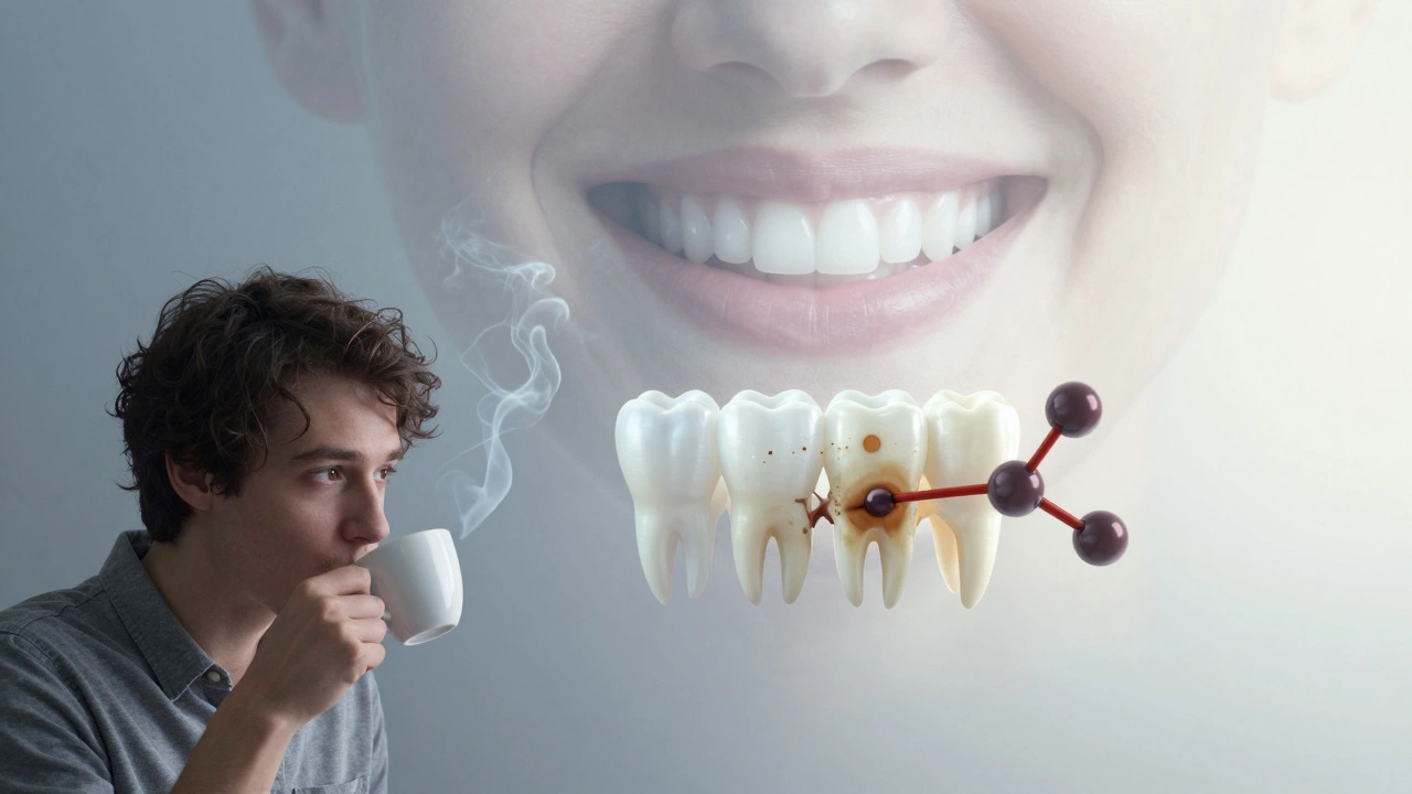 Transformace úsměvu: špína, molekuly a bílý úsměv v jedné scéně.