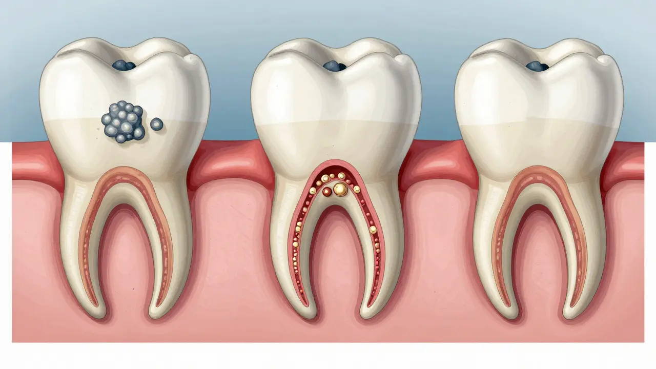 Tři panelové ilustrace vývoje zubního kamene a poškození dásně a kosti