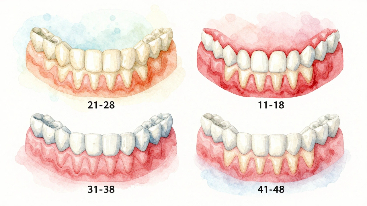 Vodová barva ilustrující čtyři zubní oblouky s typy zubů v barevných skupinách.