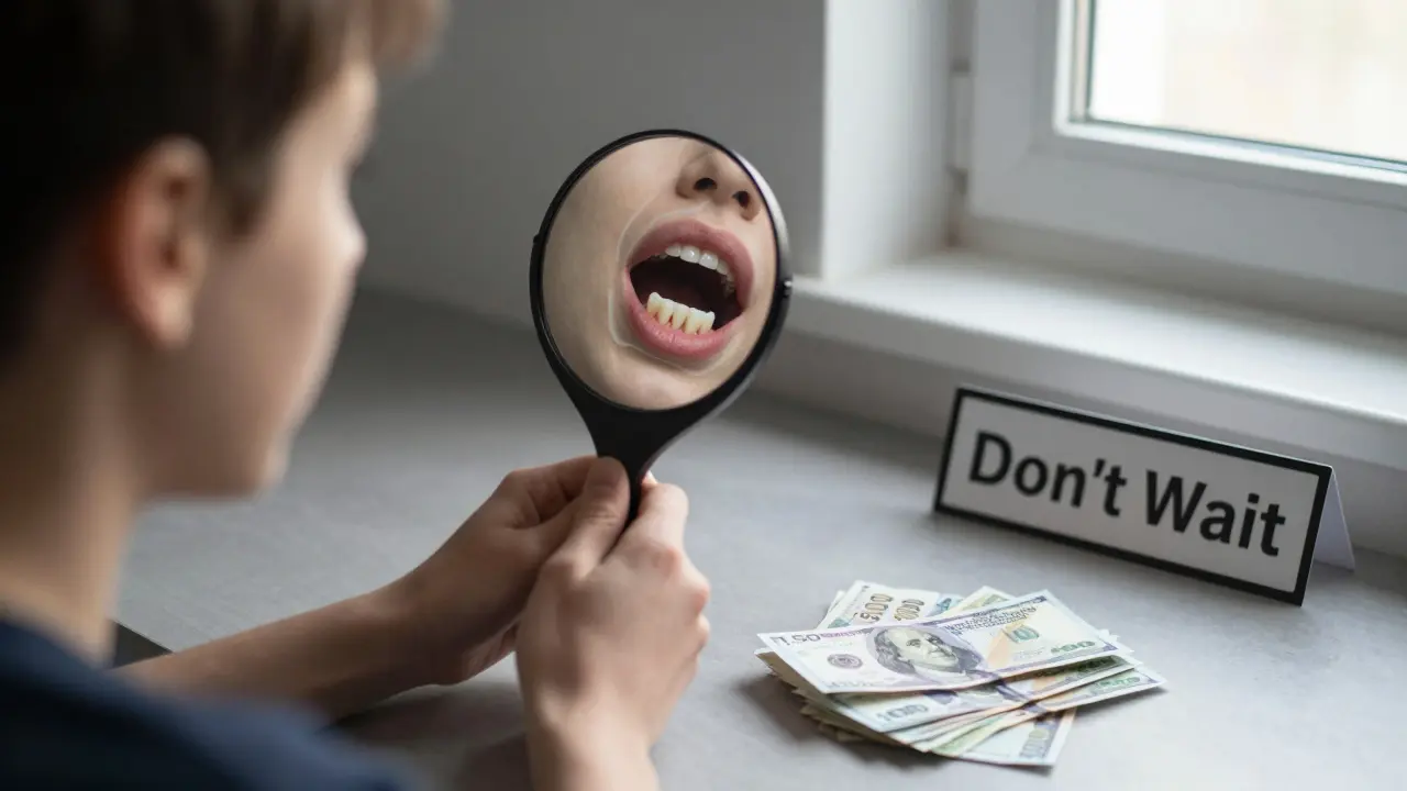 Young adult holding mirror with ghostly wisdom tooth emerging, beside pile of cash and warning sign.