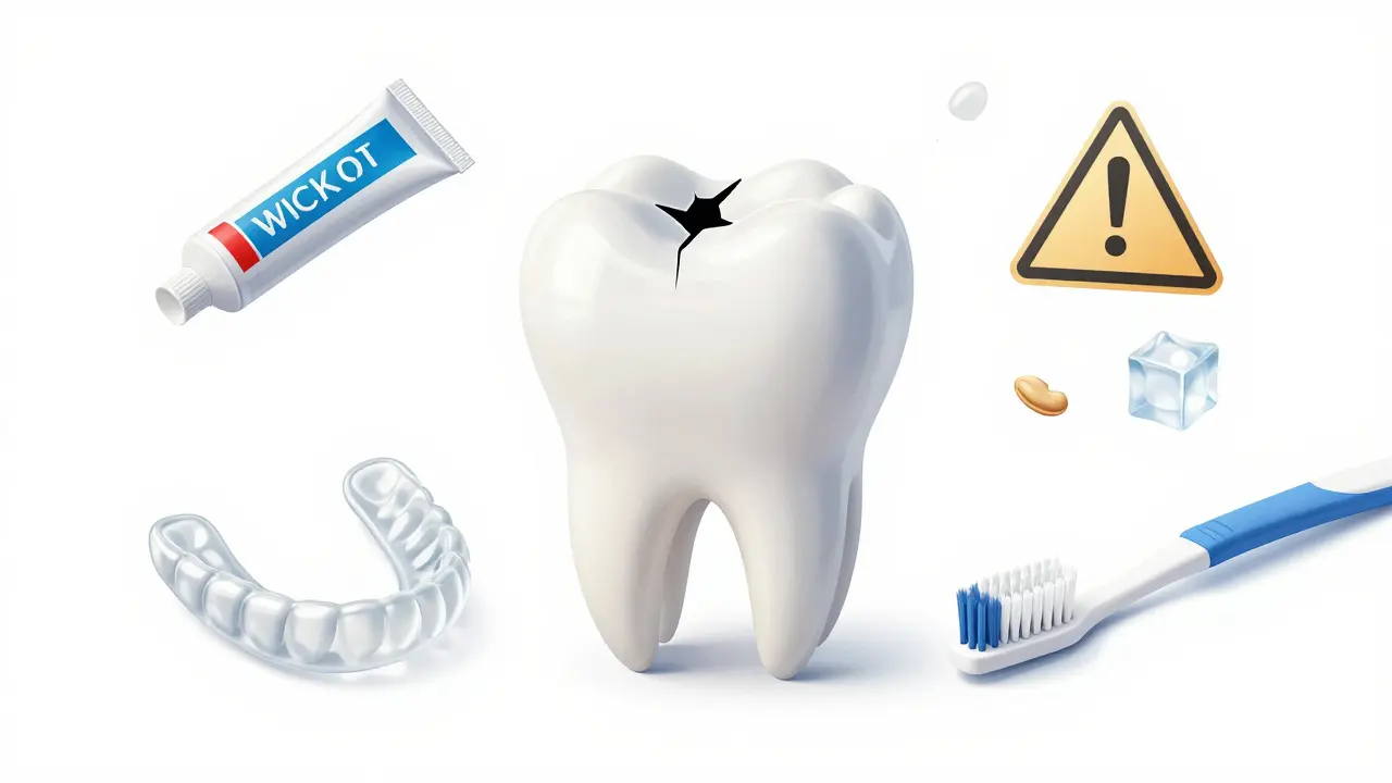 Zdravý zub s keramickou korunkou a symboly dobré a špatné péče.