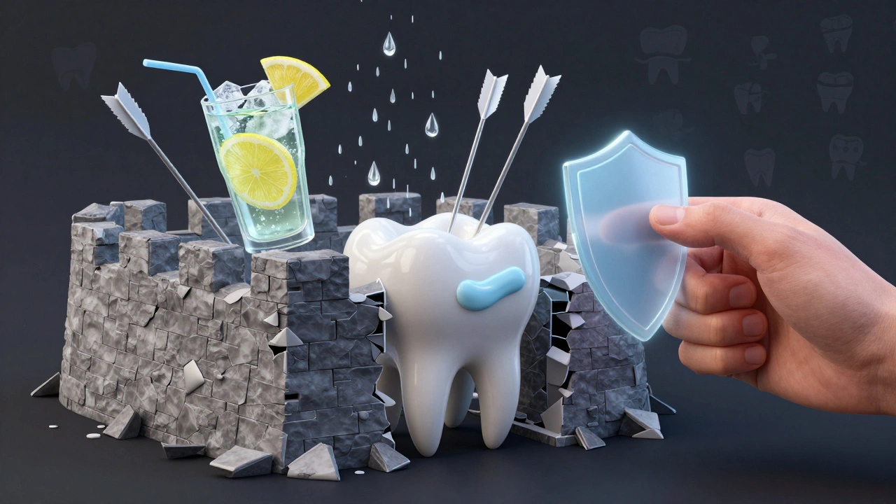 Zub jako pevnost pod útokem studena, kyseliny a stisku, ochraňovaná zářivou ochrannou vrstvou.