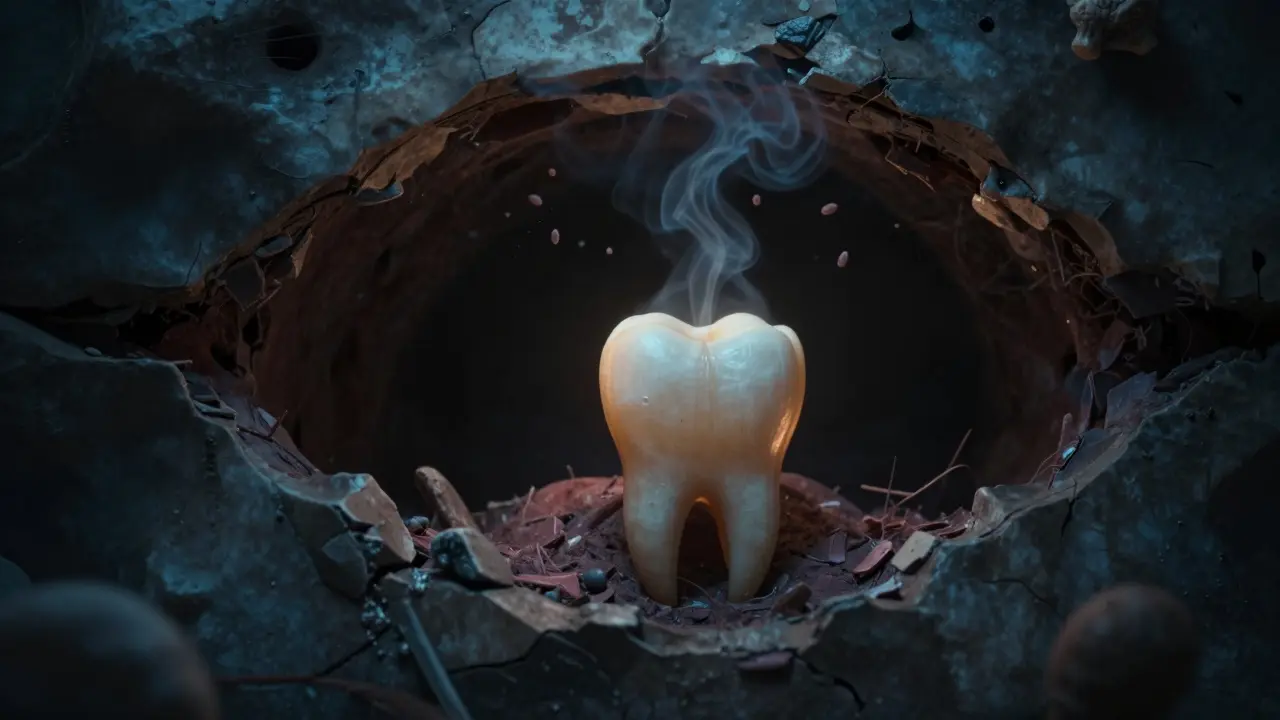 Zub klesající do zničené kosti, zatímco bakterie šíří poškození jako kouř