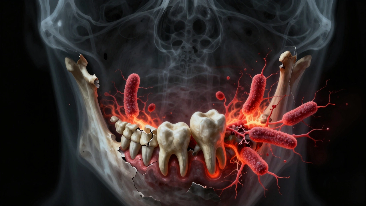 Zubní kost se rozpadá způsobená infekcí, která se šíří do dásní.