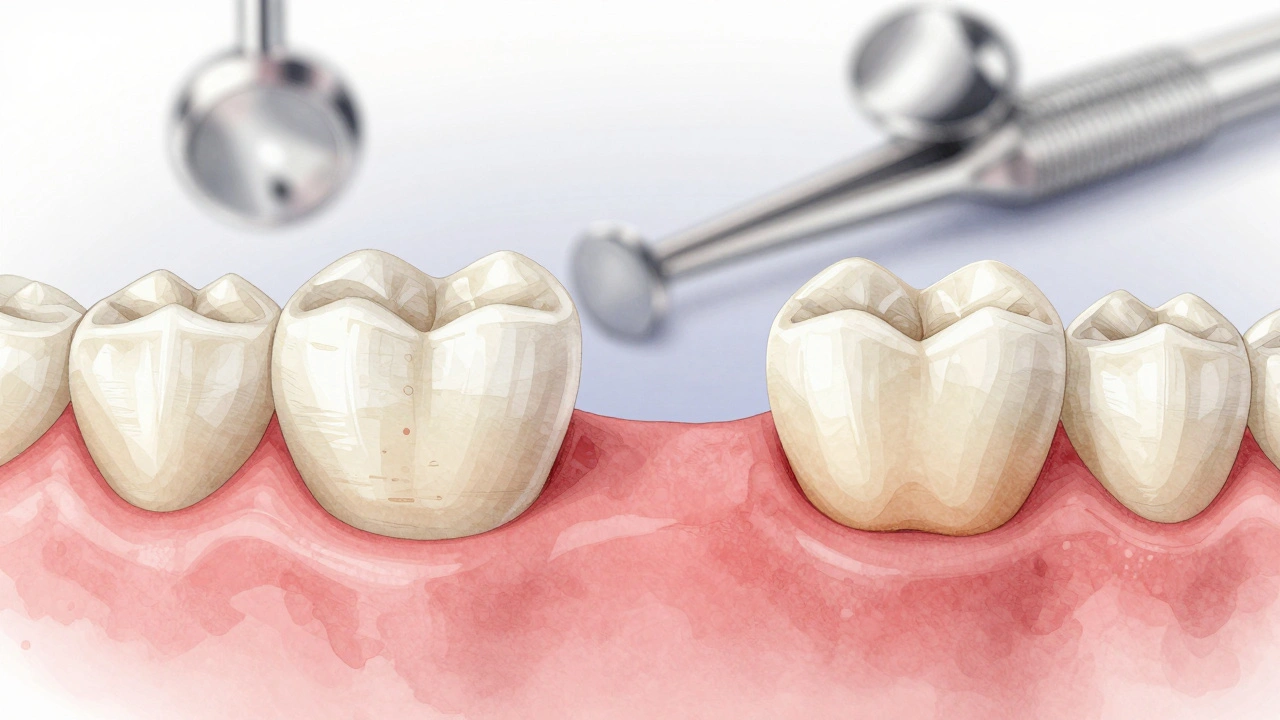 Zubní most připevněný k dvěma zubům, jeden z nich po ořezání.