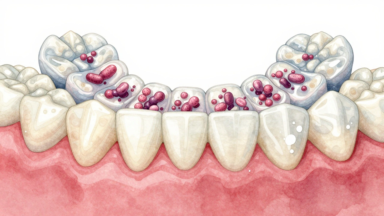 Zvětšený pohled na biofilm na rovnátku a demineralizované skvrny na zubech.