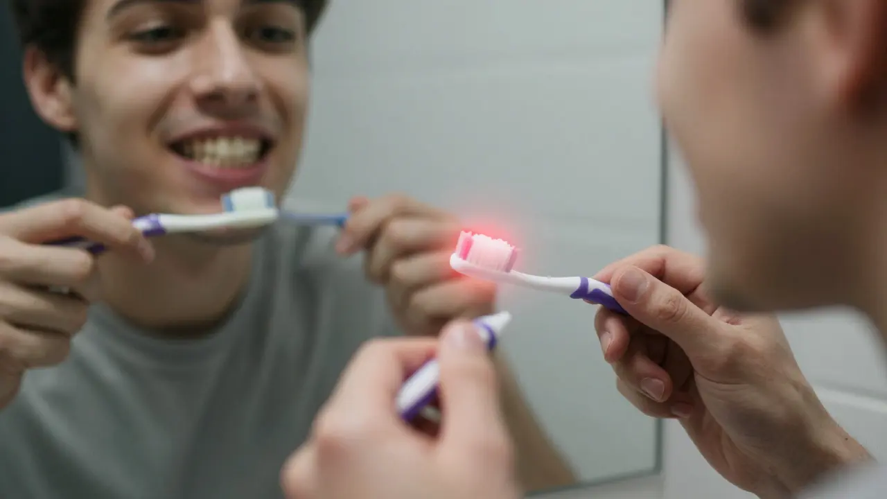 Člověk čistí zuby hned po vypití citrónové vody, s varovným zářením na kartáčku