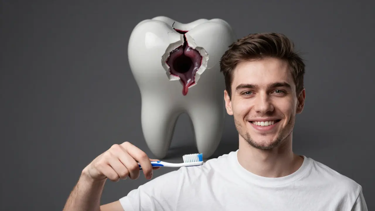 Člověk se směje, ale jeho zub v pozadí klesá do rozpadu.