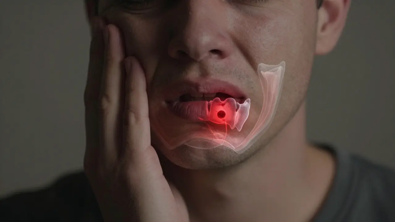 Člověk trpí bolestí zubu, pod korunkou se šíří infekce