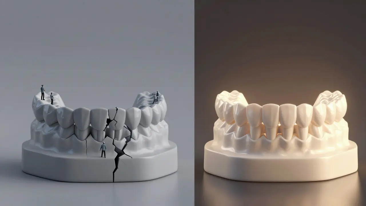 Contrast between damaged traditional dental impression and perfect digital 3D model of teeth.