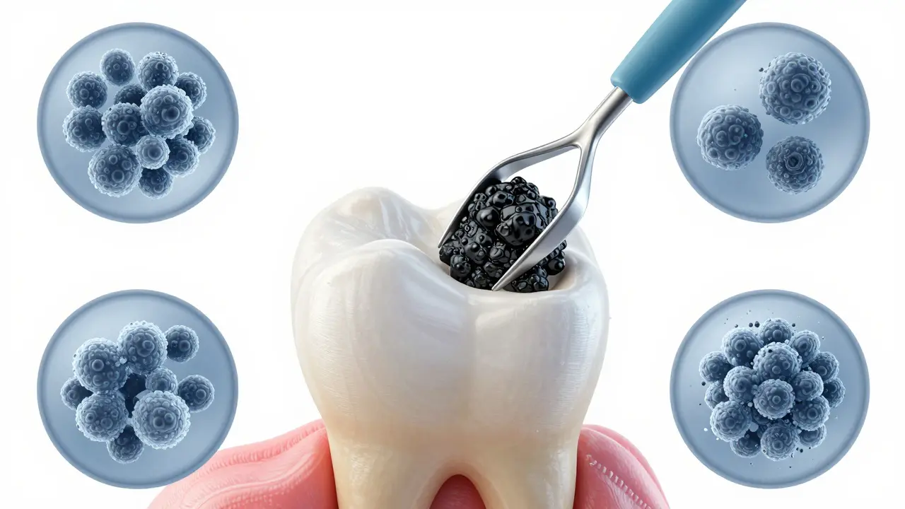 Dentální nástroj odstraňuje černý zubní kámen, s mikroskopickým zobrazením bakterií.