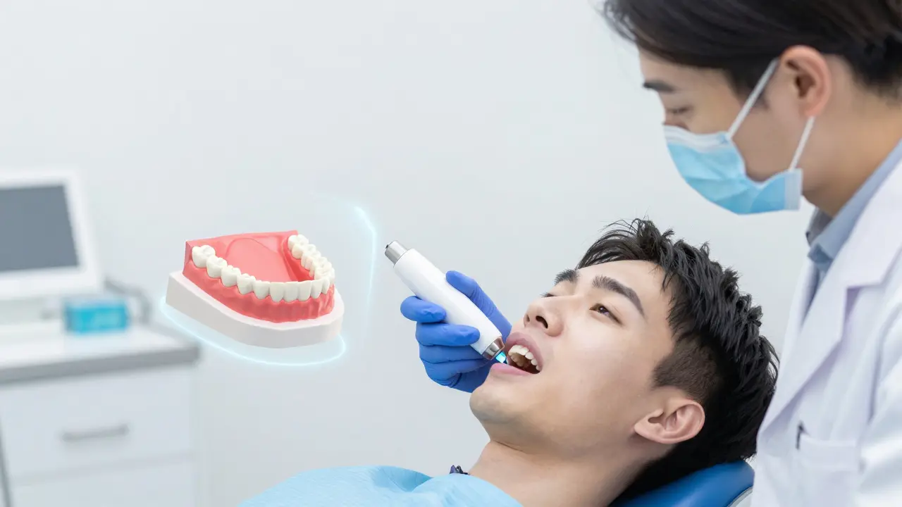Dentist scanning patient's teeth with digital intraoral scanner and 3D model displayed nearby.