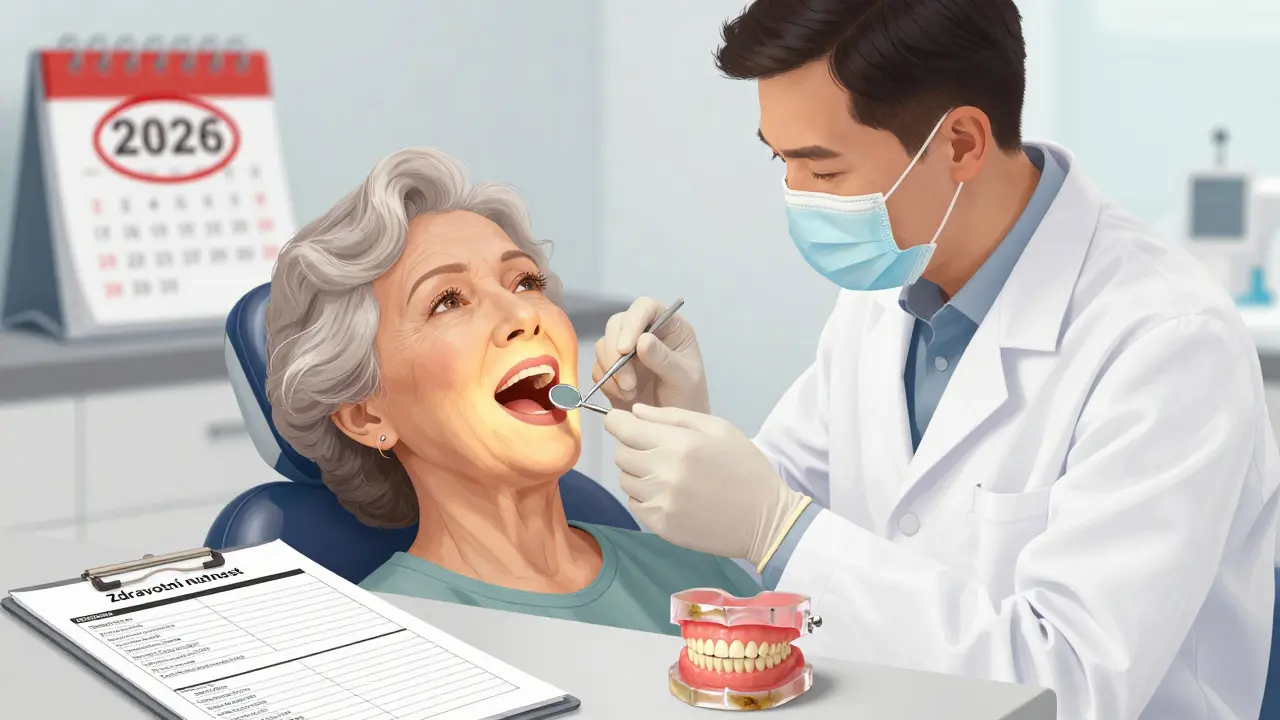 Dentista vyšetřuje pacientce ústní dutinu s lékařským výsledkem na stole.