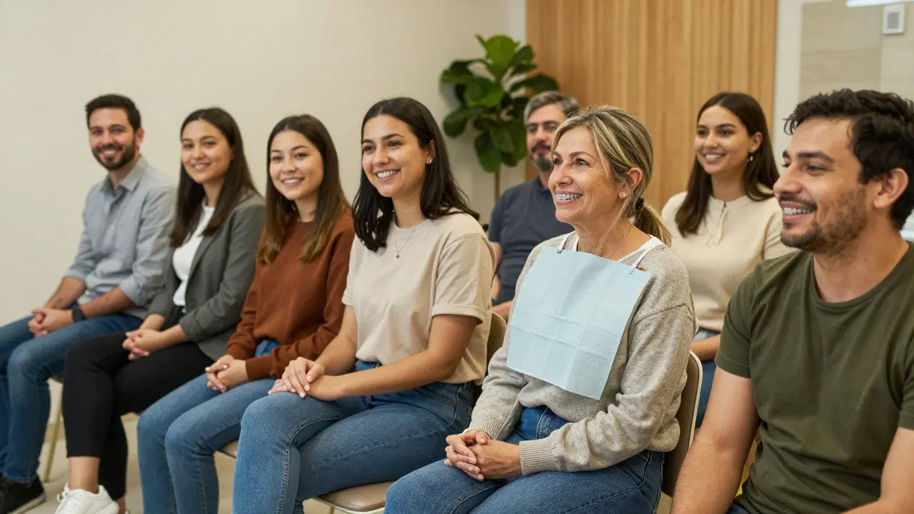 Dospělí pacienti s průhlednými rovnátky se v klidu podívejí na sebe v čekárně zubní kliniky, bez slov, ale s hrdostí.