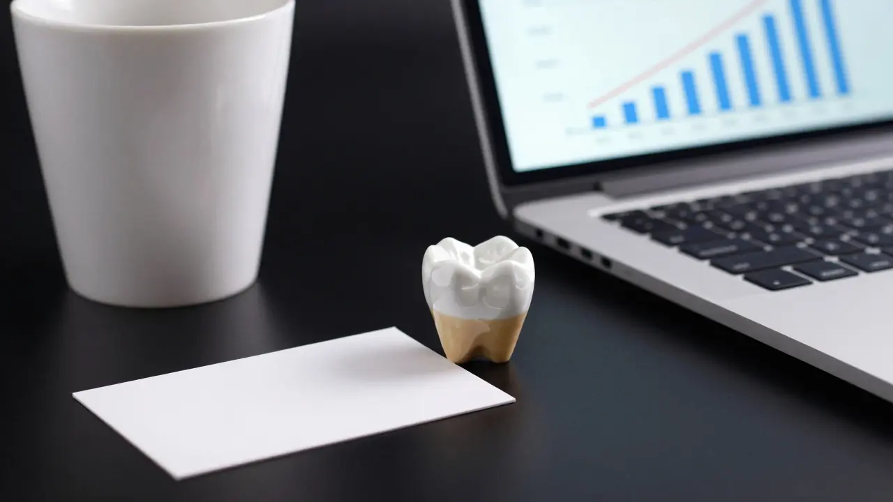 Keramická fazeta na černém pozadí vedle obchodní karty a grafu růstu příjmu.