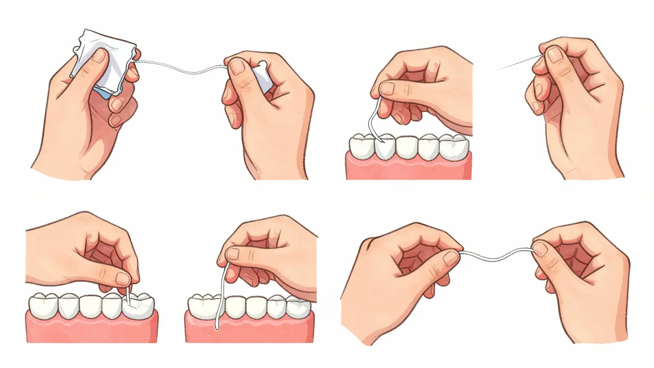 Krok za krokem: správná technika čištění zubní nití s rukou a floss.