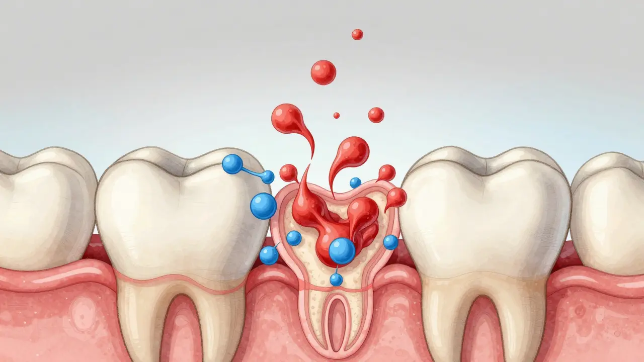 Mikroskopický pohled na kyselinu ničící zubní sklovinu, zatímco sliny pomáhají obnovit