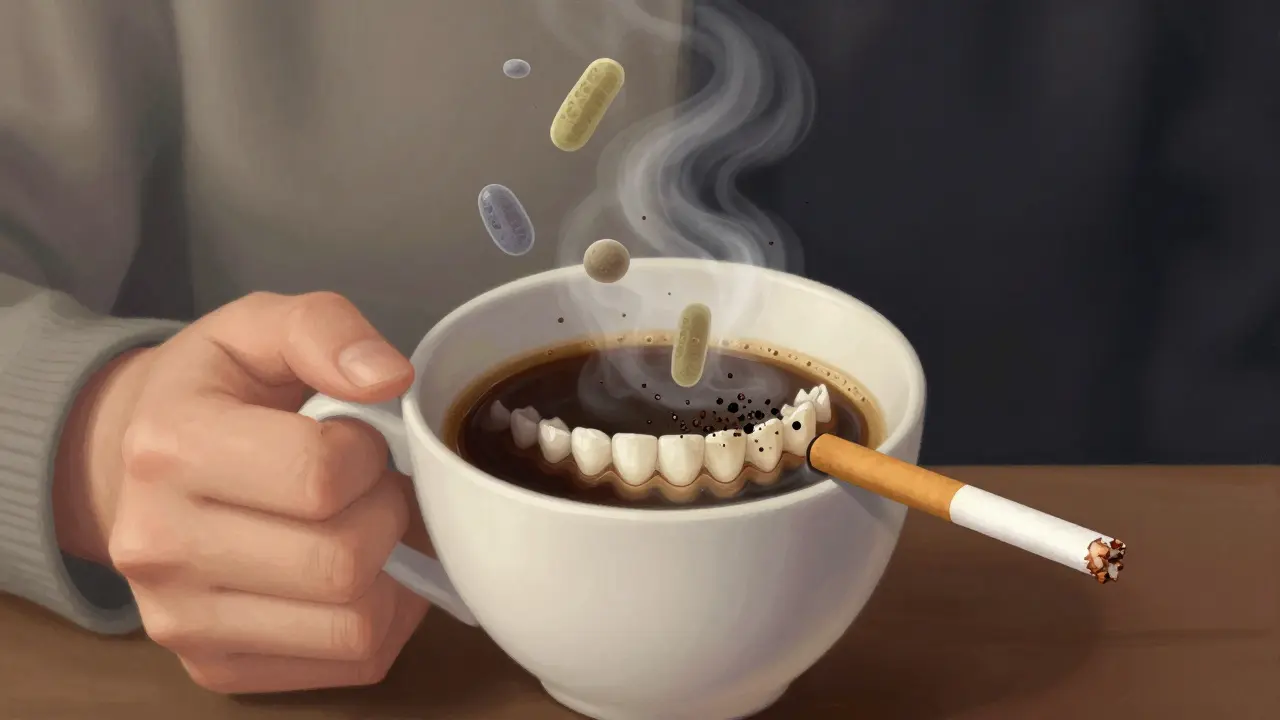 Osoba pije černý čaj a kouří, zatímco tmavé usazeniny postupně vytvářejí kámen na zubech.