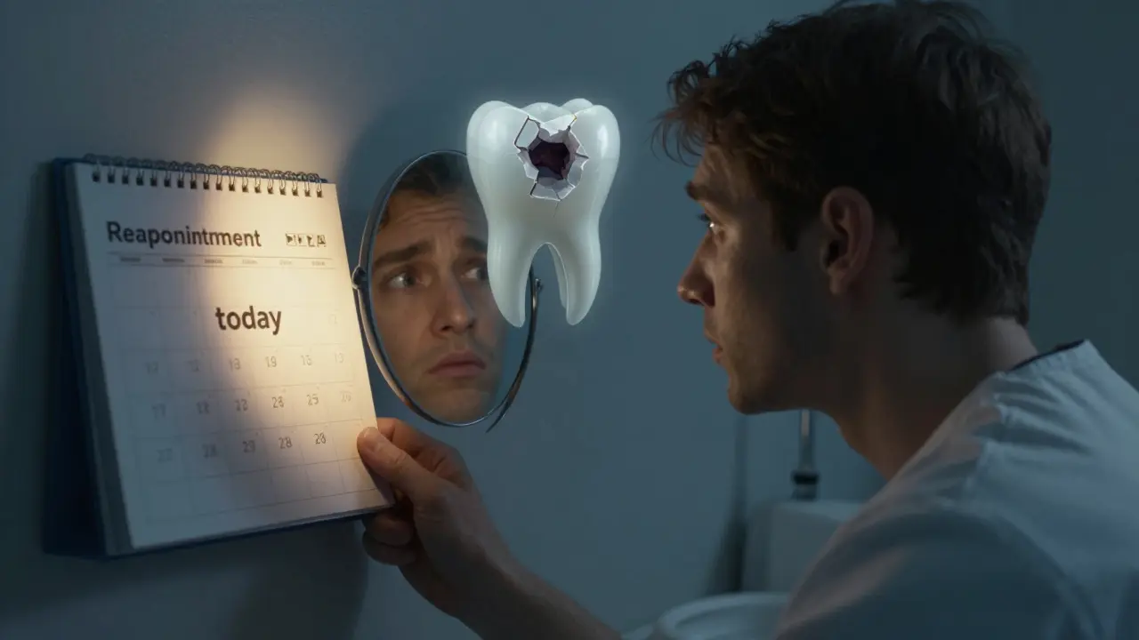 Osoba se dívá do zrcadla, za ní průhledný obraz poškozeného zubu, symbolizující zanedbávání.