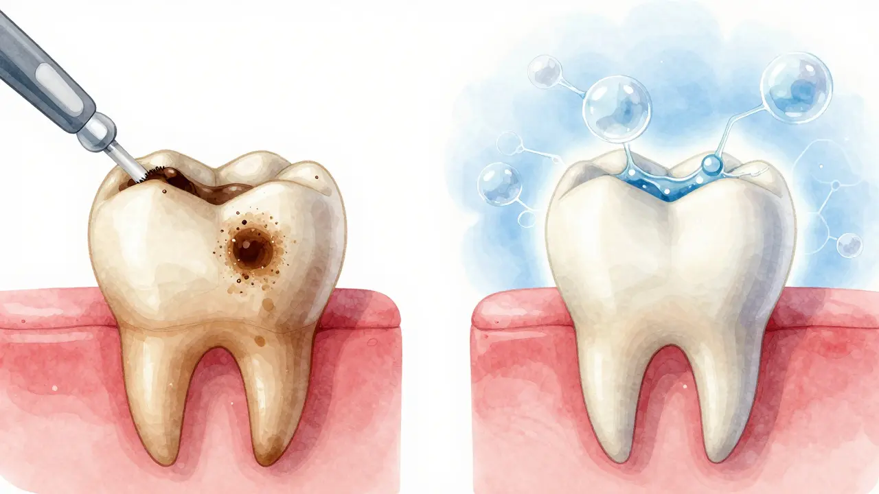 Porovnání tmavě znečištěného a běleného zubu s chemickým pronikáním.