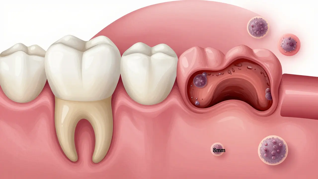 Porovnání zdravé a nemocné dásně s viditelným zubním kamenem a hlubokými vaky.