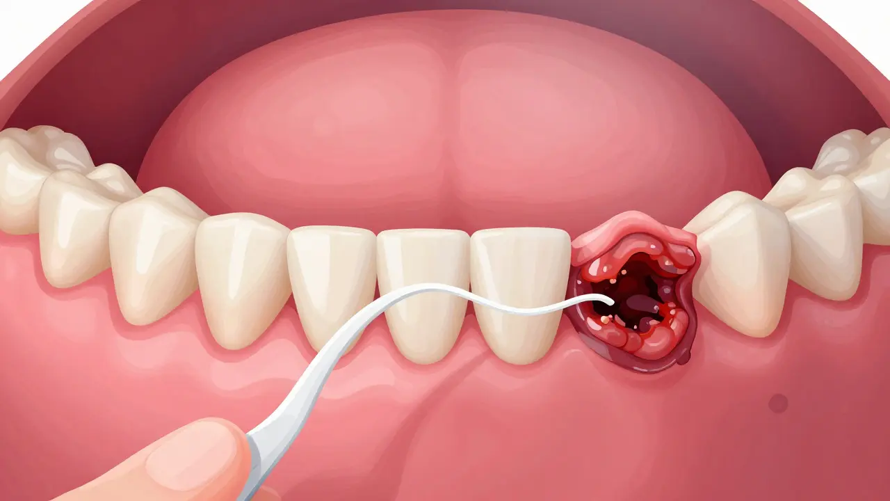 Porovnání zdravých a zánětlivých dásní s a bez čištění zubní nití.
