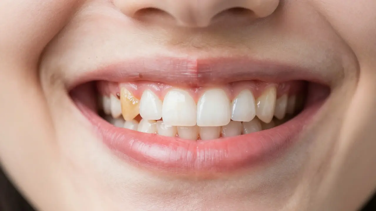 Porovnání zubů před a po odstranění zubního kamene.