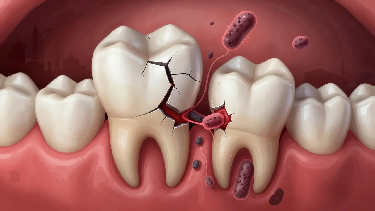 Poškozený zub pod korunkou s bakteriemi šířícími se do kosti