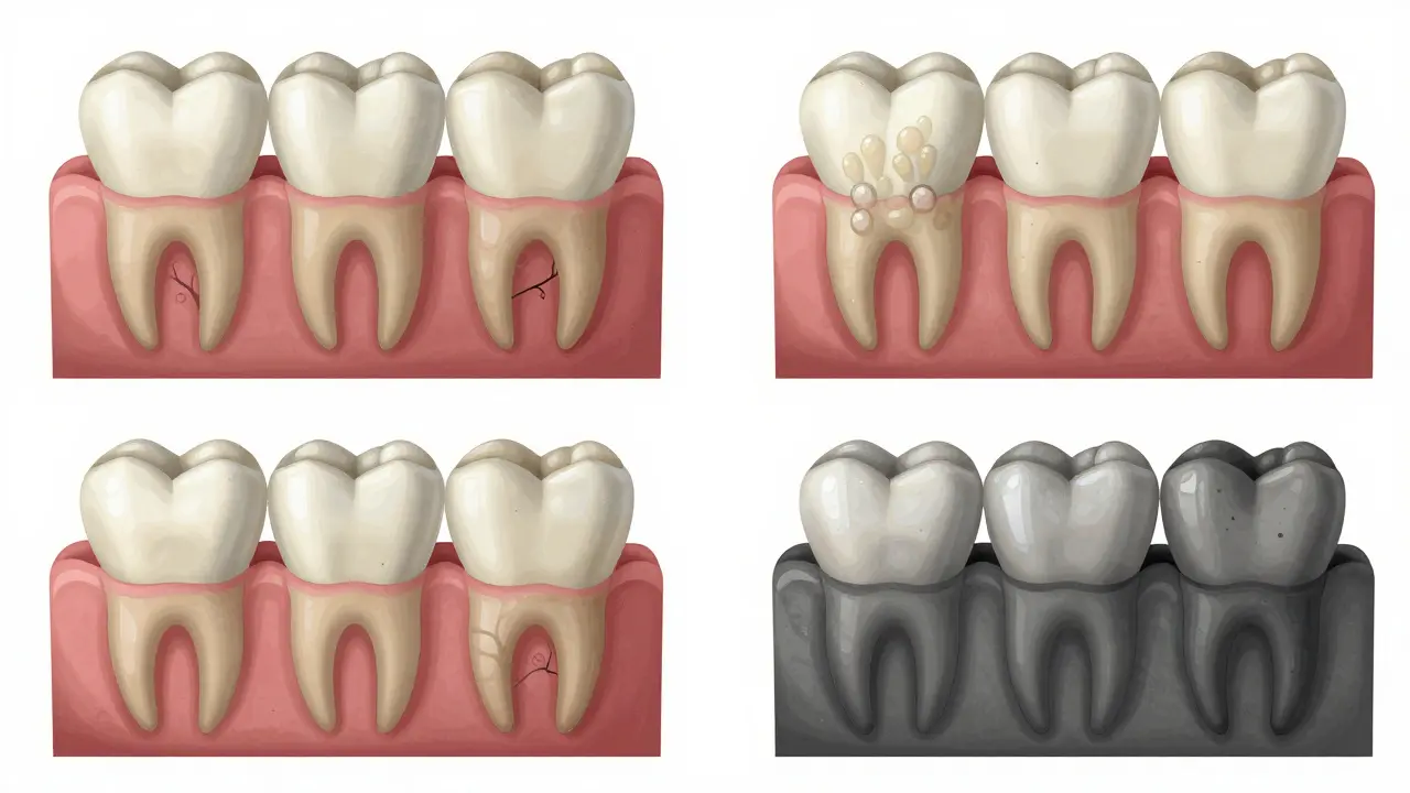 Postupné poškození zubu způsobené zubním kamenem a ztrátou kosti.
