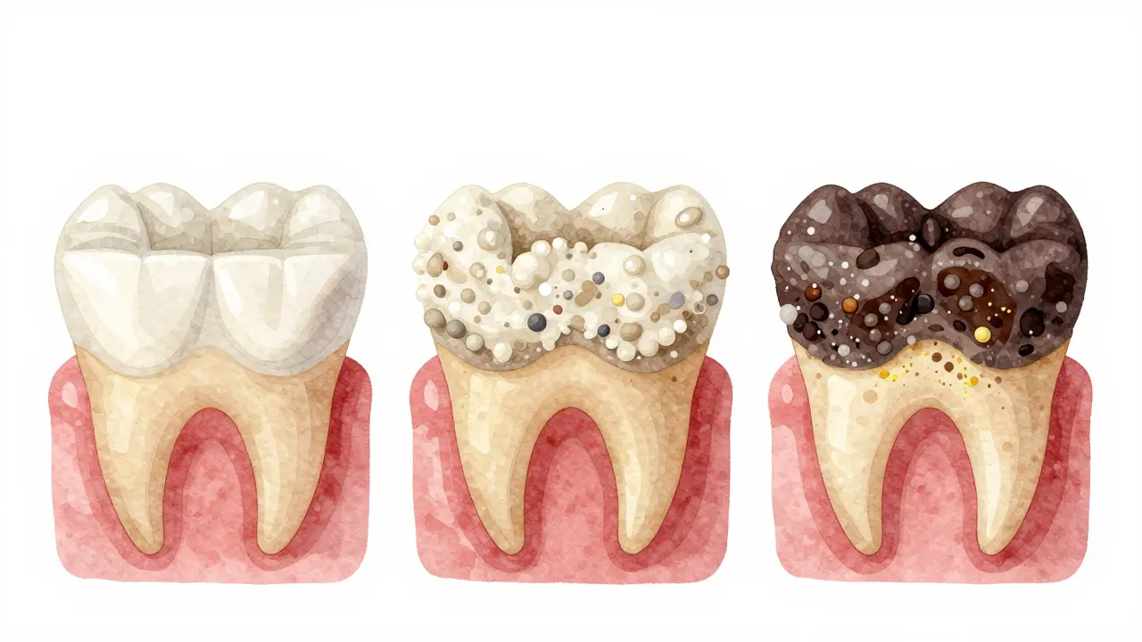 Postupné tvorbě zubního kamene z plaku na zubech.