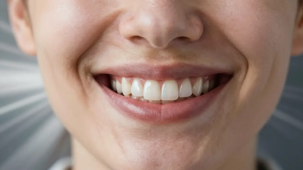 Před a po: jedna strana obličeje s tmavými a nepravidelnými zuby, druhá se zářivými fazetami, střed přechodový.