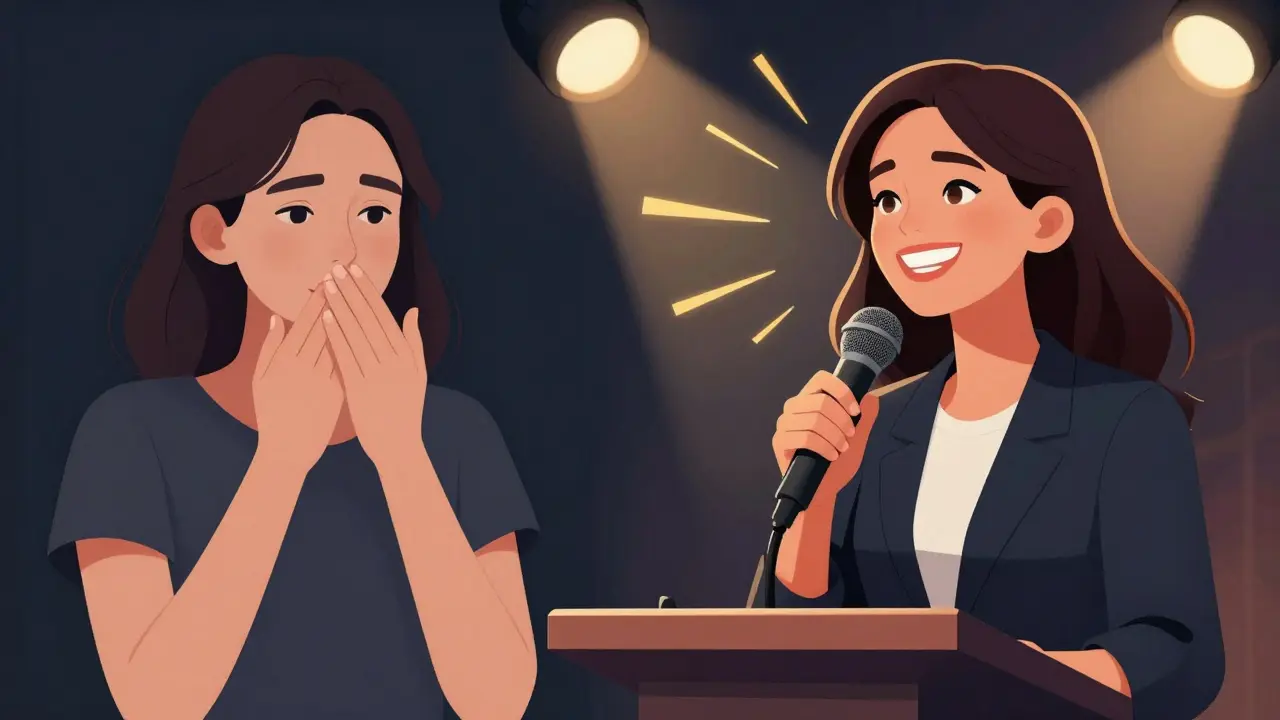 Před a po: žena se skrývá za rukou vlevo, vpravo se hrdě vystupuje s leskem na zubech.