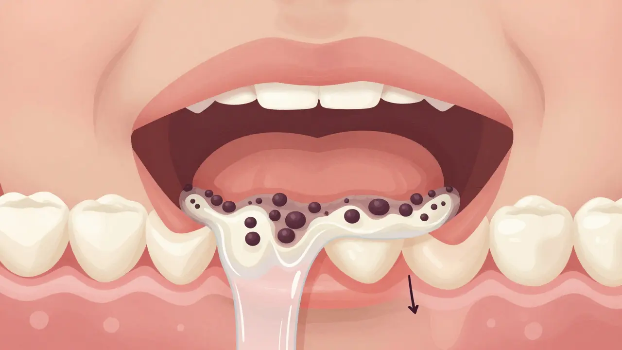Přehled vnitřní části dětského ústního ústrojí s plakem a zubním kamenem na mléčných zubech, ilustrativní styl.