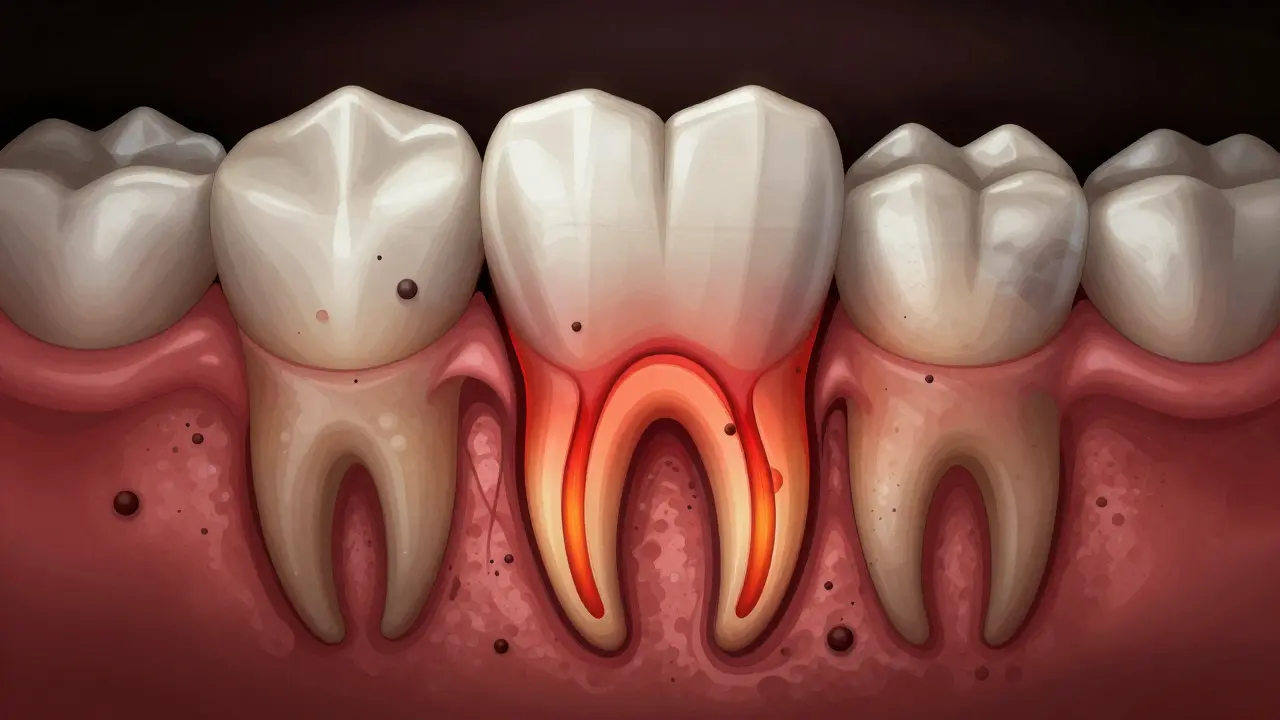 Příčný řez zubem s viditelnými mikroskopickými trubičkami a zánětem v pulpe.