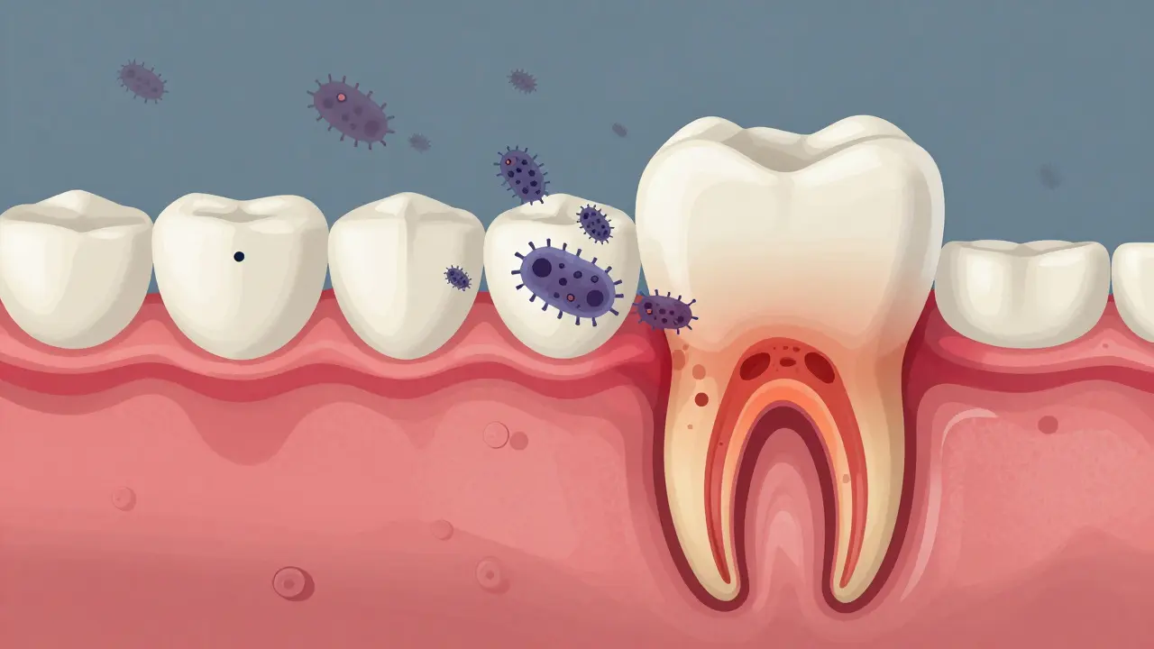 Průřez zubem ukazující postup kariésu od sklovinky až po nervovou komoru.