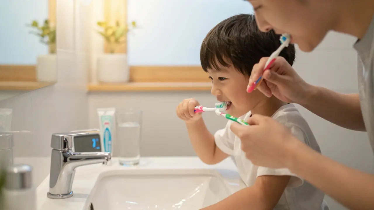 Rodič a dítě společně čistí zuby u umyvadla, sluneční světlo, barevné kartáčky, časovač na 2 minuty.
