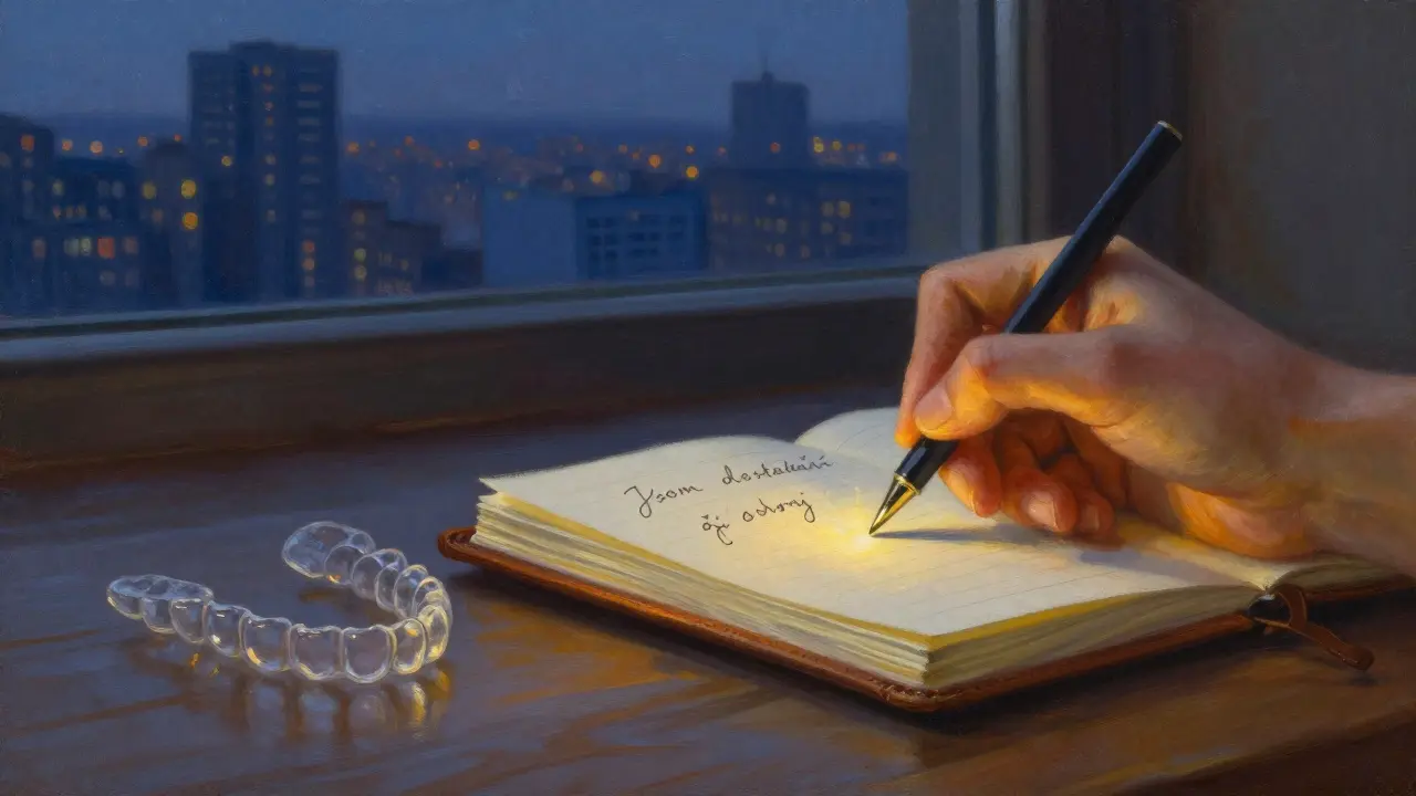 Ruka píše do sešitu slova 'Jsem dostatečně dobrý' vedle průhledných rovnátek, svíčka osvětluje klidnou noční scénu.