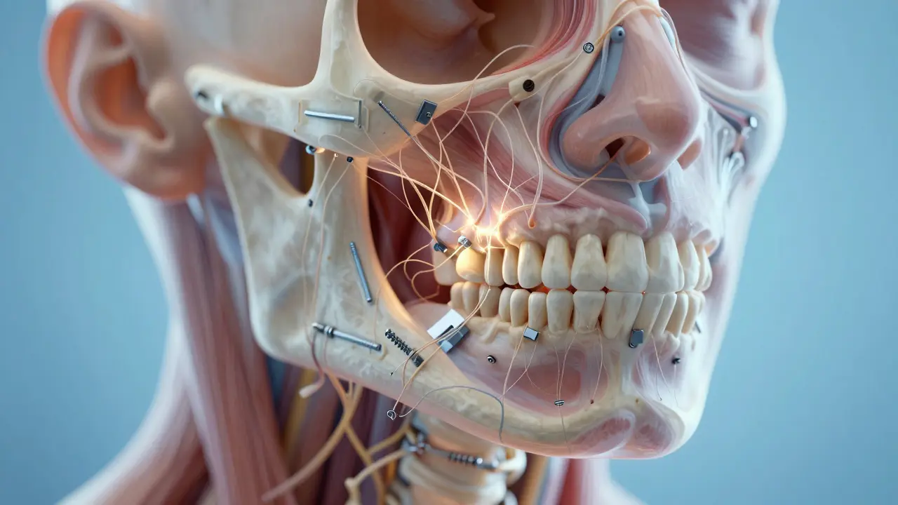 Vnitřní pohled na hojící se čelist s kovovými deskami a znovu propojenými nervy.