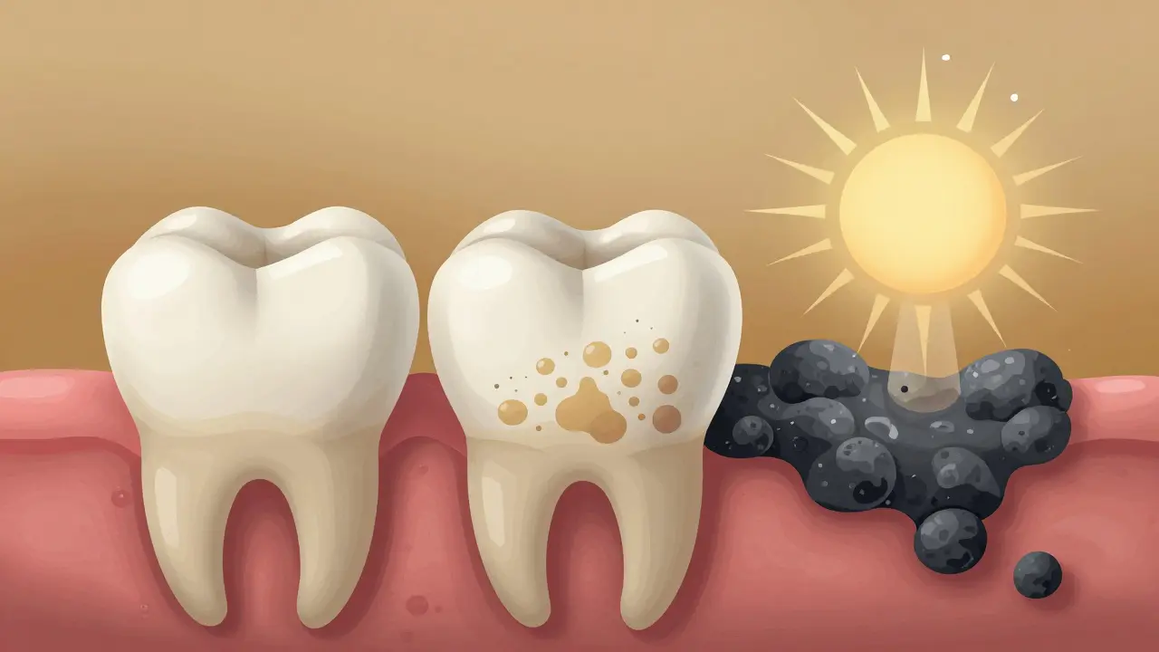 Vývoj zubního plaku v tvrdý kámen s minerálními usazeninami.