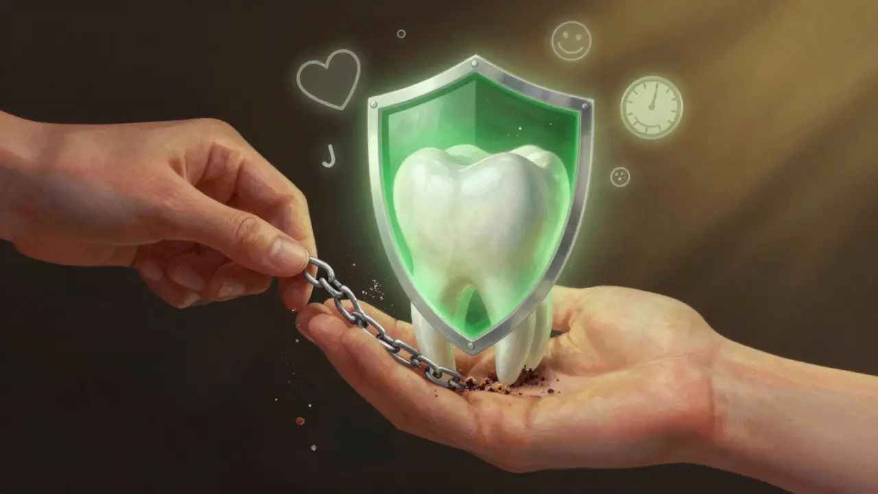 Zub chráněný fluoridem, zatímco kámen se mění v prach, symbolizující prevenci.